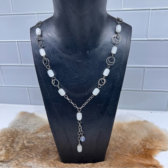 Handmade Chainmail Necklace w/ White Art Glass Beads Charm Pendant - Picture 3 of 12